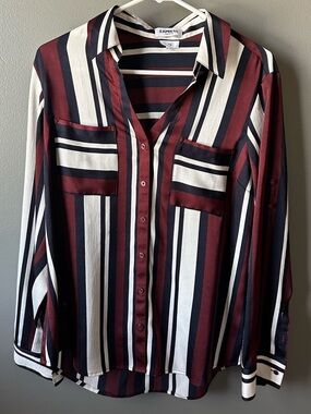 Express Striped Button-Front Shirt in Burgundy, Navy & Cream
